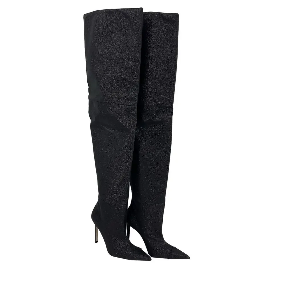 Good American Over‎ The Knee Slouch Boot in Black Glitter Size 6.5 NEW